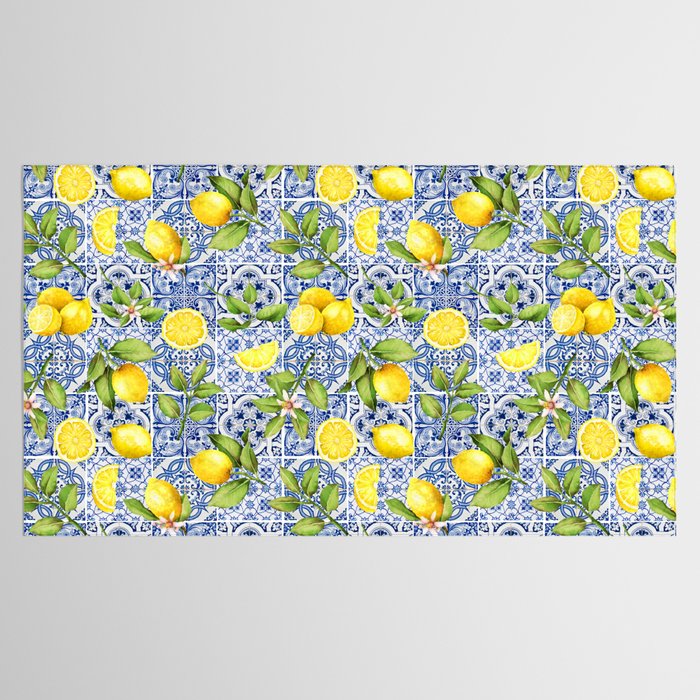 Portuguese Vintage Summer  Blue Tiles And Lemons Tablecloth Gallery Image 2