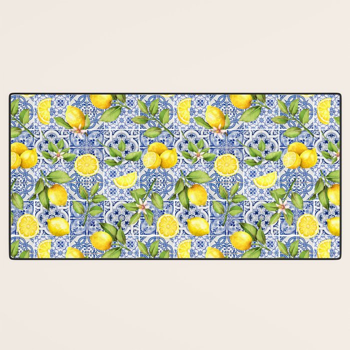 Portuguese Vintage Summer  Blue Tiles And Lemons Desk Mat Gallery Image 3