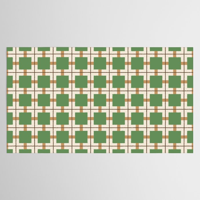Retro Geometric Plaid Green Camel Tablecloth Gallery Image 2