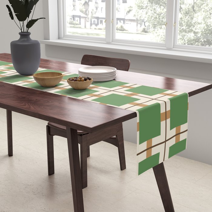 Retro Geometric Plaid Green Camel Table Runner Gallery Image 2