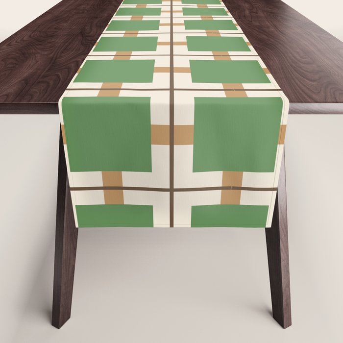 Retro Geometric Plaid Green Camel Table Runner Gallery Image 1