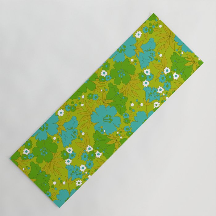 Green, Turquoise, and White Retro Flower Design Pattern Yoga Mat Gallery Image 1