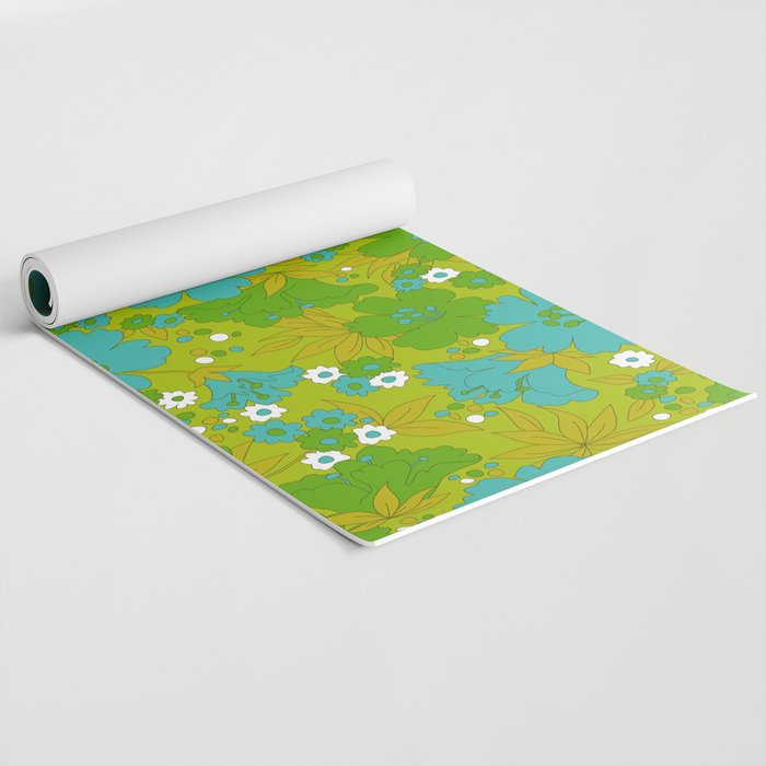 Green, Turquoise, and White Retro Flower Design Pattern Yoga Mat Gallery Image 2
