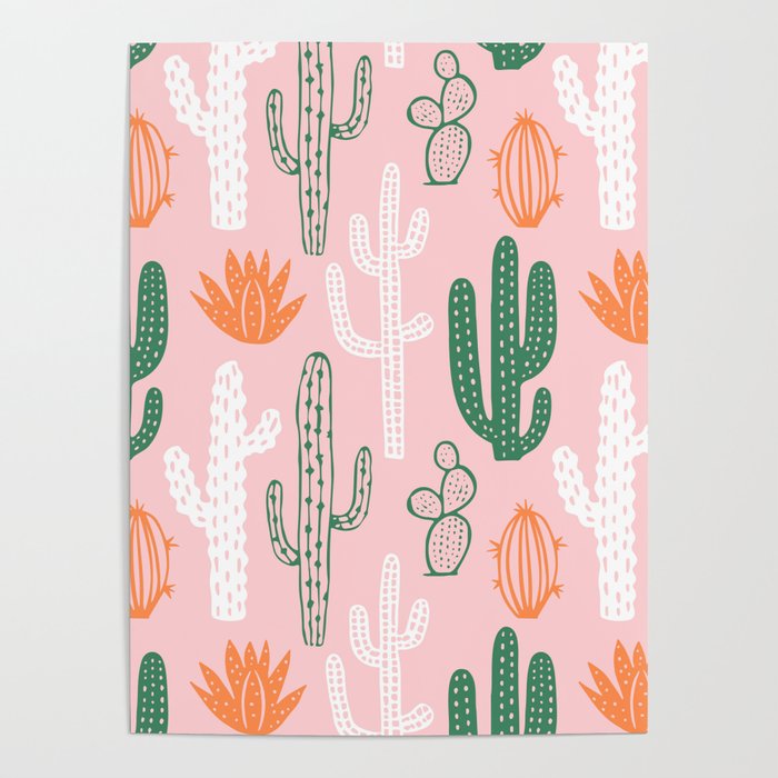 Retro hand drawn cactus plant pattern Poster Gallery Image 1