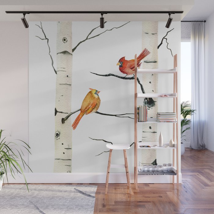 Cardinal Couple in Birch Trees Wall Mural Gallery Image 1