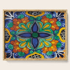 Maximalist leaves mexican flowers talavera pottery blue azulejo tile Serving Tray Gallery Image 1