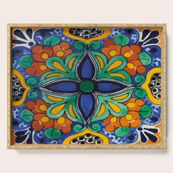 Maximalist leaves mexican flowers talavera pottery blue azulejo tile Serving Tray Gallery Image 1