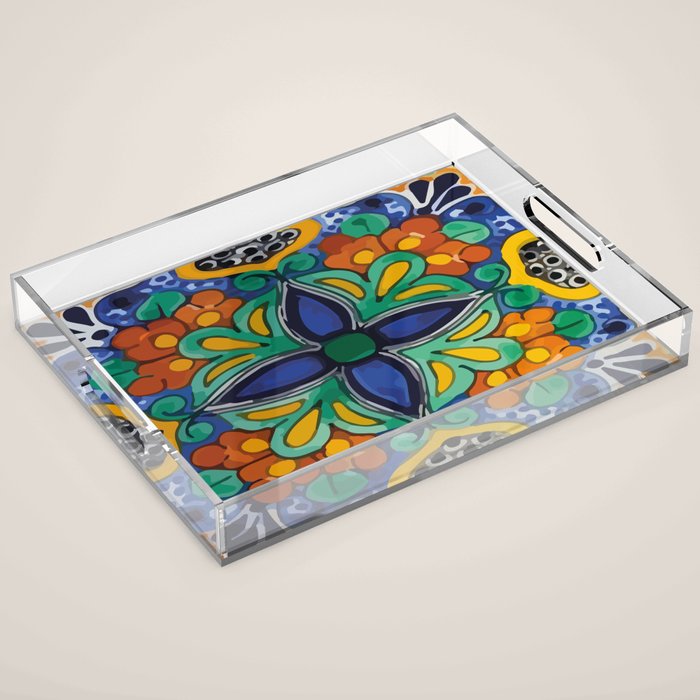 Maximalist leaves mexican flowers talavera pottery blue azulejo tile Acrylic Tray Gallery Image 1