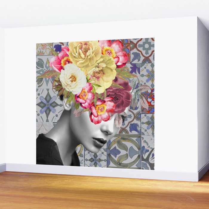 collage art-girl with flowers Wall Mural Gallery Image 2