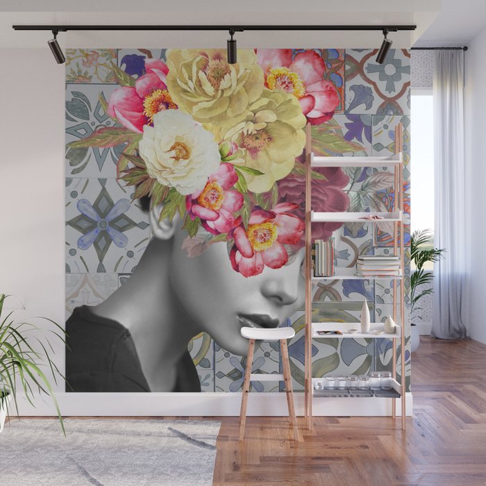 collage art-girl with flowers Wall Mural Gallery Image 1
