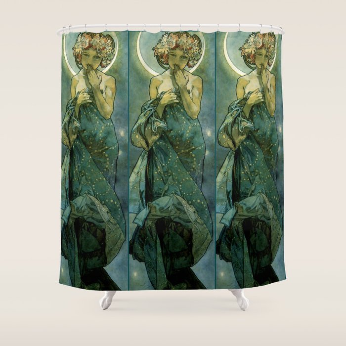 Alphonse Mucha "The Moon and the Stars Series: The Moon" Shower Curtain Gallery Image 1