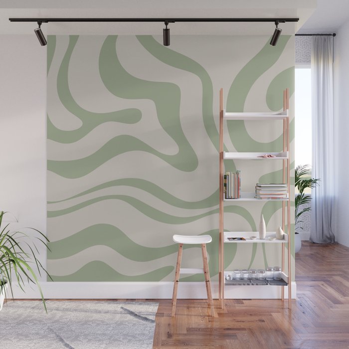 Liquid Swirl Abstract Pattern in Almond and Sage Green Wall Mural Gallery Image 1