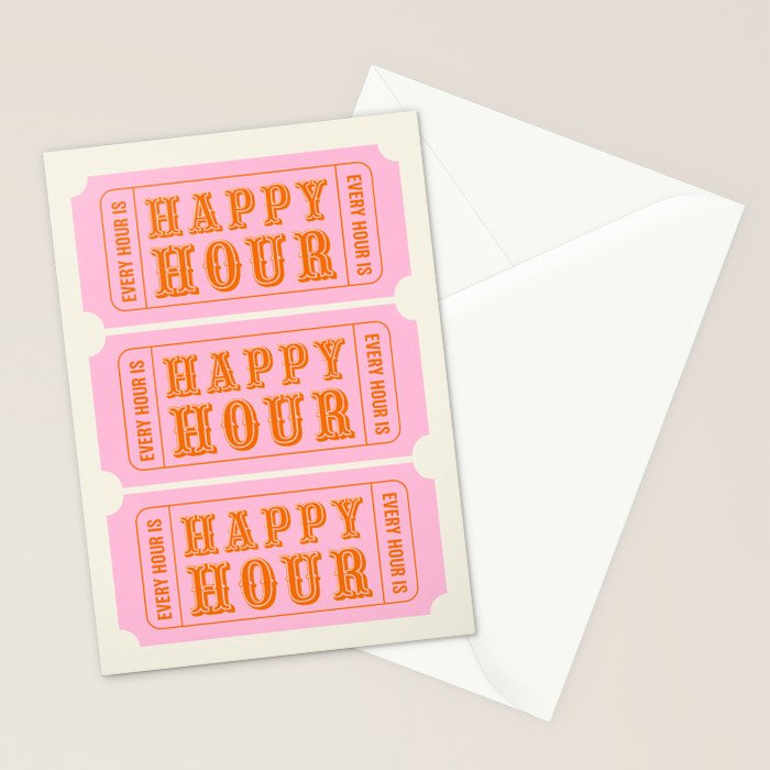 Every Hour Is Happy Hour, Pink Retro Bar Ticket Stationery Card Gallery Image 2
