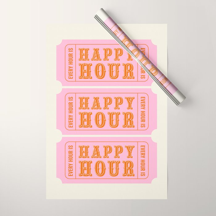 Every Hour Is Happy Hour, Pink Retro Bar Ticket Wrapping Paper Gallery Image 1