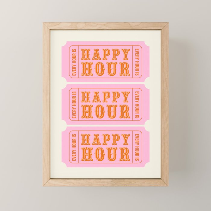 Every Hour Is Happy Hour, Pink Retro Bar Ticket Mini Art Print Gallery Image 1