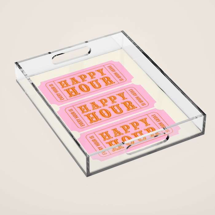 Every Hour Is Happy Hour, Pink Retro Bar Ticket Acrylic Tray Gallery Image 1