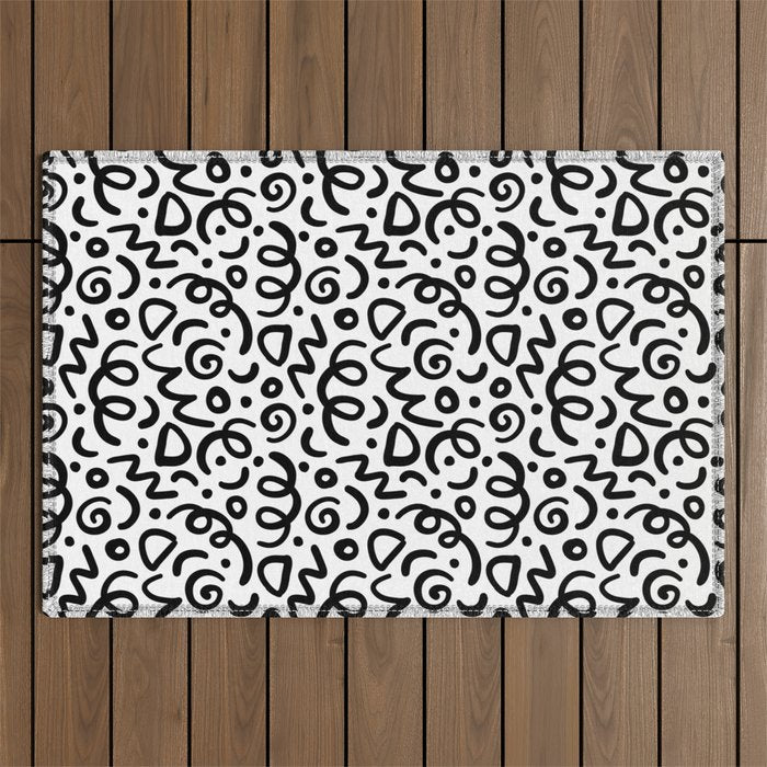 Fun black line doodle art pattern Outdoor Rug Gallery Image 1