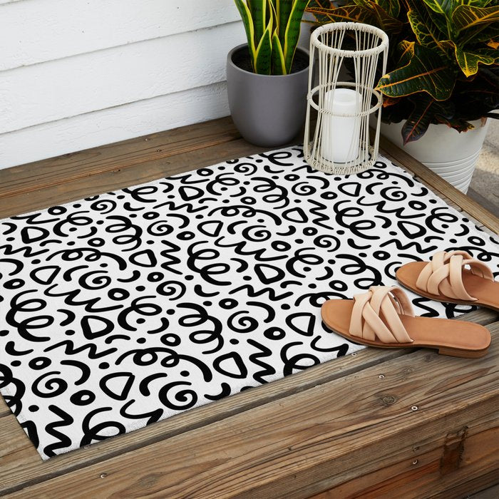 Fun black line doodle art pattern Outdoor Rug Gallery Image 2