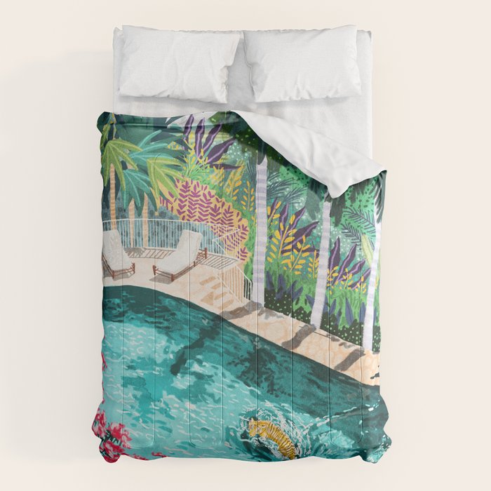 Luxury Tiger Villa illustration, Architecture Travel Nature Painting, Hotel Landscape Garden Comforter Gallery Image 1