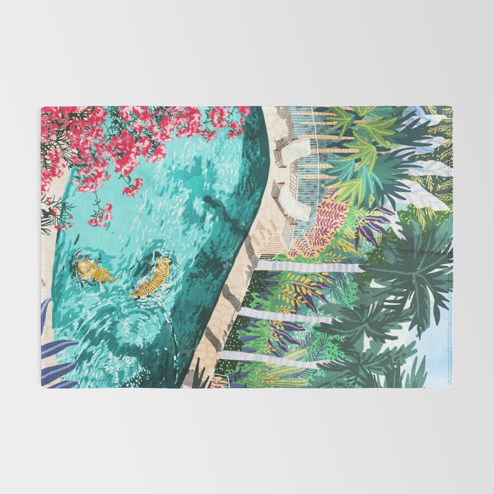Luxury Tiger Villa illustration, Architecture Travel Nature Painting, Hotel Landscape Garden Rug Gallery Image 2