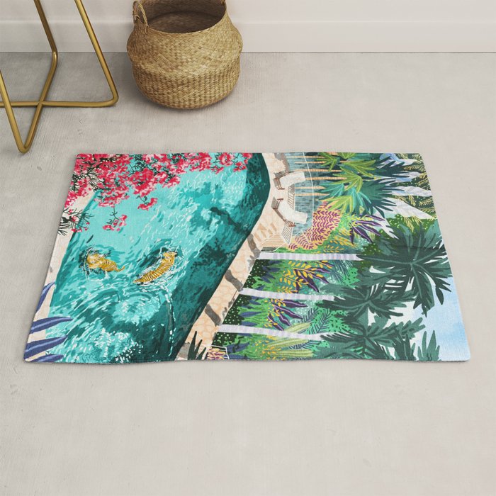 Luxury Tiger Villa illustration, Architecture Travel Nature Painting, Hotel Landscape Garden Rug Gallery Image 1