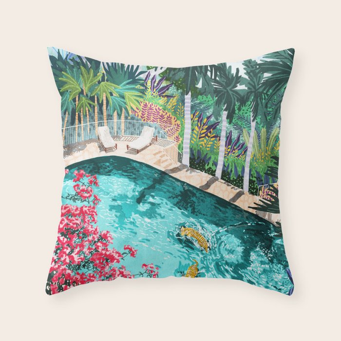 Luxury Tiger Villa illustration, Architecture Travel Nature Painting, Hotel Landscape Garden Throw Pillow Gallery Image 1