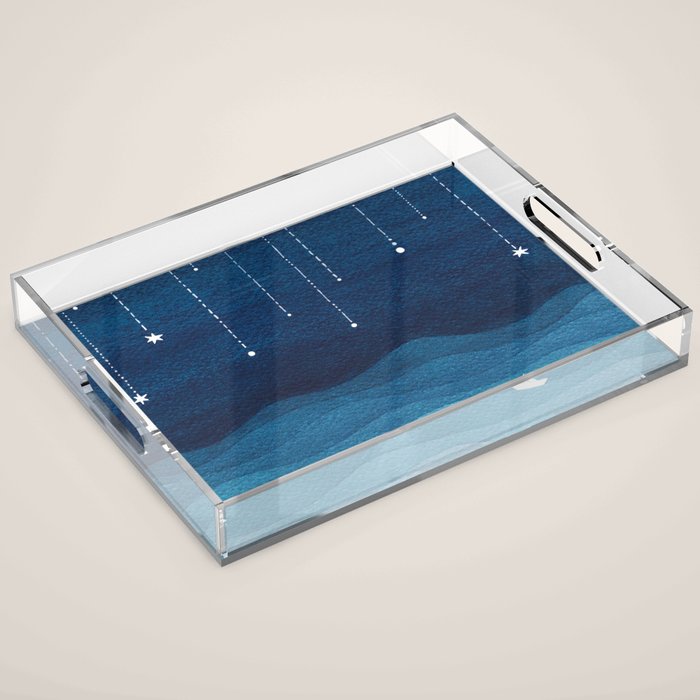Falling stars, blue, sailboat, ocean Acrylic Tray Gallery Image 1