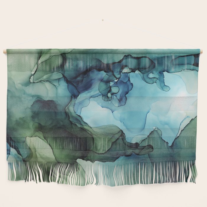 Land and Water Abstract Ink Painting Blues and Greens Wall Hanging Gallery Image 1