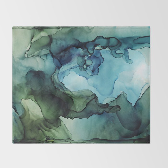 Land and Water Abstract Ink Painting Blues and Greens Throw Blanket Gallery Image 2