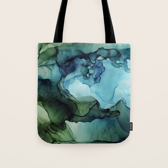Land and Water Abstract Ink Painting Blues and Greens Tote Bag Gallery Image 1