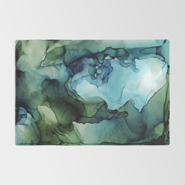 Land and Water Abstract Ink Painting Blues and Greens Rug Gallery Image 2