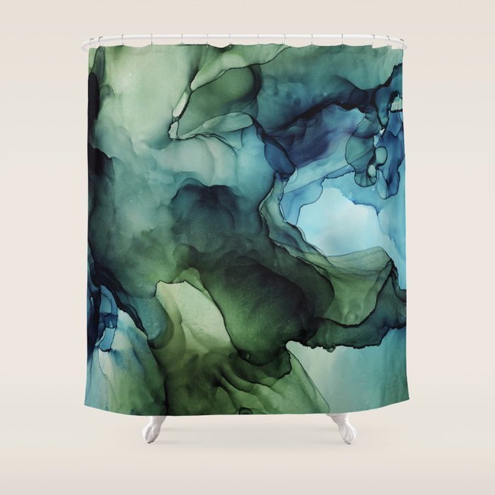 Land and Water Abstract Ink Painting Blues and Greens Shower Curtain Gallery Image 1