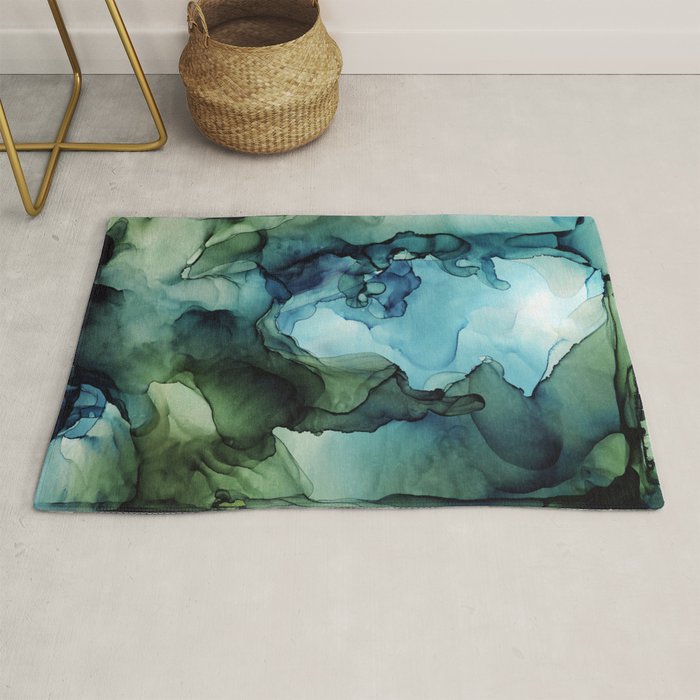Land and Water Abstract Ink Painting Blues and Greens Rug Gallery Image 1