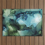 Land and Water Abstract Ink Painting Blues and Greens Outdoor Rug Gallery Image 1