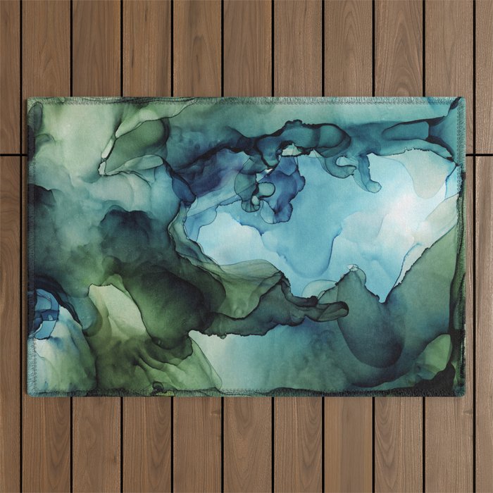 Land and Water Abstract Ink Painting Blues and Greens Outdoor Rug Gallery Image 1