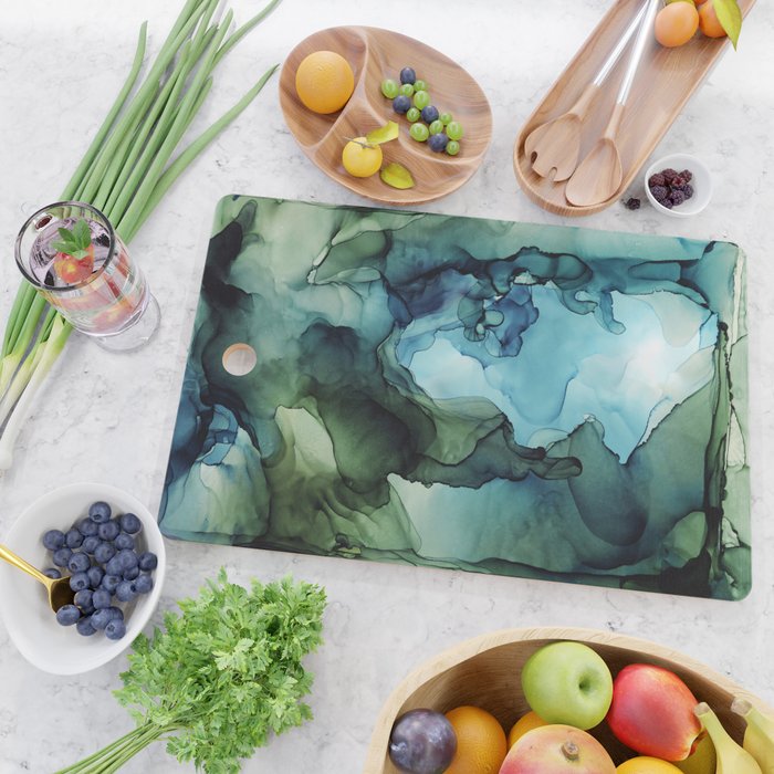 Land and Water Abstract Ink Painting Blues and Greens Cutting Board Gallery Image 2