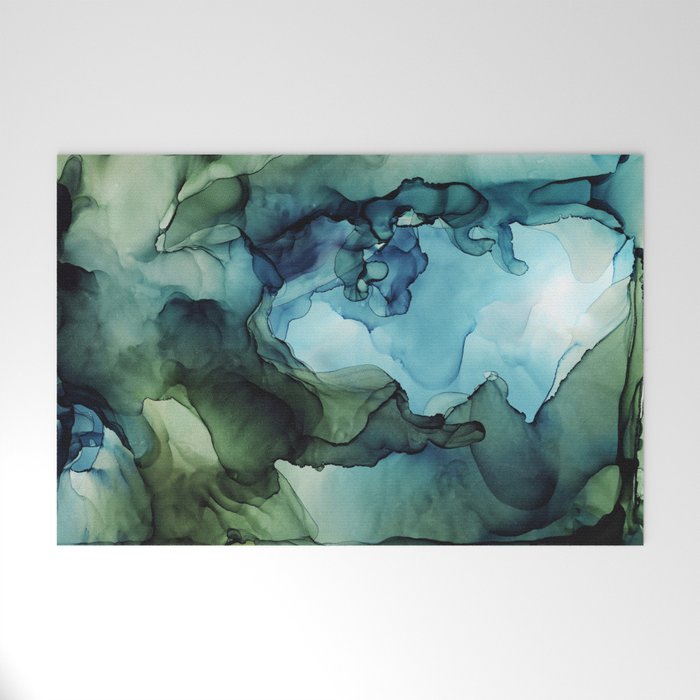 Land and Water Abstract Ink Painting Blues and Greens Welcome Mat Gallery Image 1