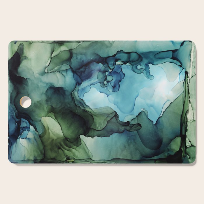 Land and Water Abstract Ink Painting Blues and Greens Cutting Board Gallery Image 1