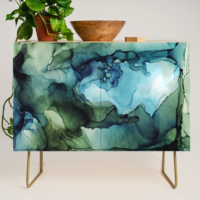 Land and Water Abstract Ink Painting Blues and Greens Credenza Gallery Image 1
