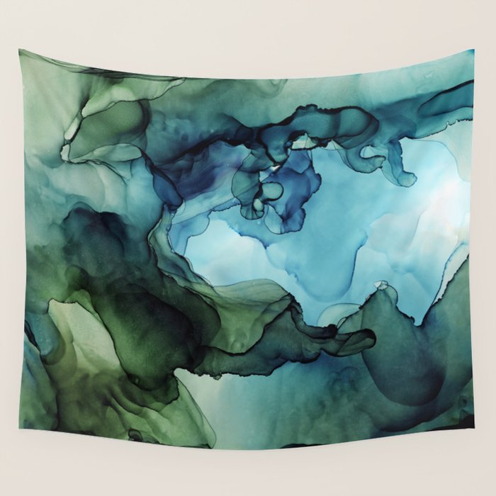 Land and Water Abstract Ink Painting Blues and Greens Wall Tapestry Gallery Image 4