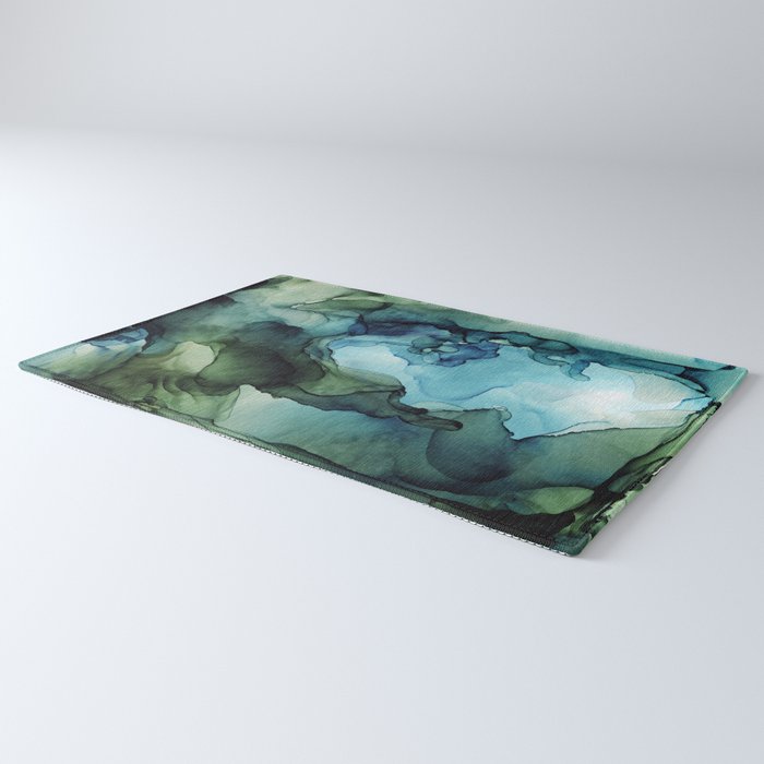 Land and Water Abstract Ink Painting Blues and Greens Rug Gallery Image 3