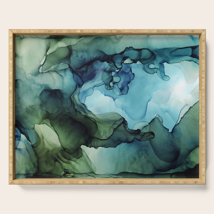 Land and Water Abstract Ink Painting Blues and Greens Serving Tray Gallery Image 1