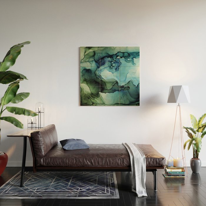 Land and Water Abstract Ink Painting Blues and Greens Wood Wall Art Gallery Image 2