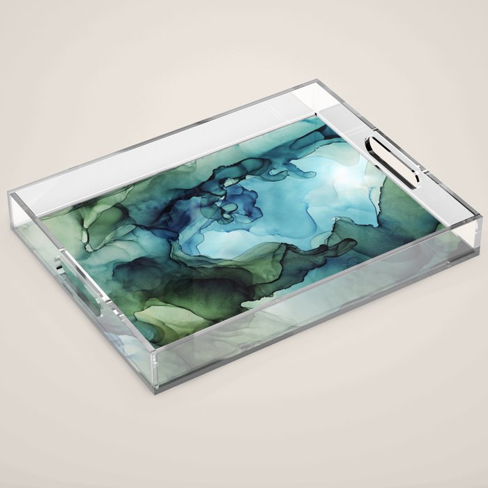 Land and Water Abstract Ink Painting Blues and Greens Acrylic Tray Gallery Image 1