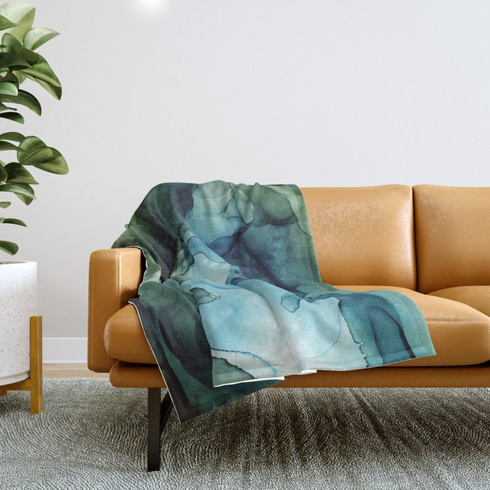 Land and Water Abstract Ink Painting Blues and Greens Throw Blanket Gallery Image 1