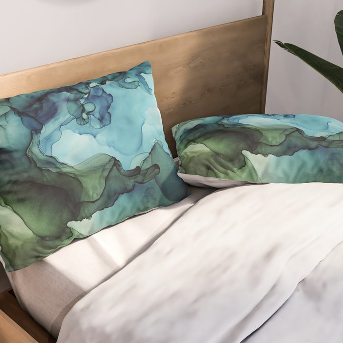 Land and Water Abstract Ink Painting Blues and Greens Pillow Sham Gallery Image 2