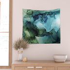 Land and Water Abstract Ink Painting Blues and Greens Wall Tapestry Gallery Image 2