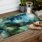 Land and Water Abstract Ink Painting Blues and Greens Outdoor Rug Gallery Image 2