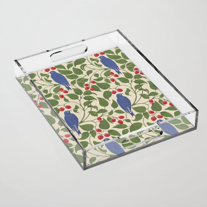 Vintage Blue Birds And Cherries Acrylic Tray Gallery Image 1