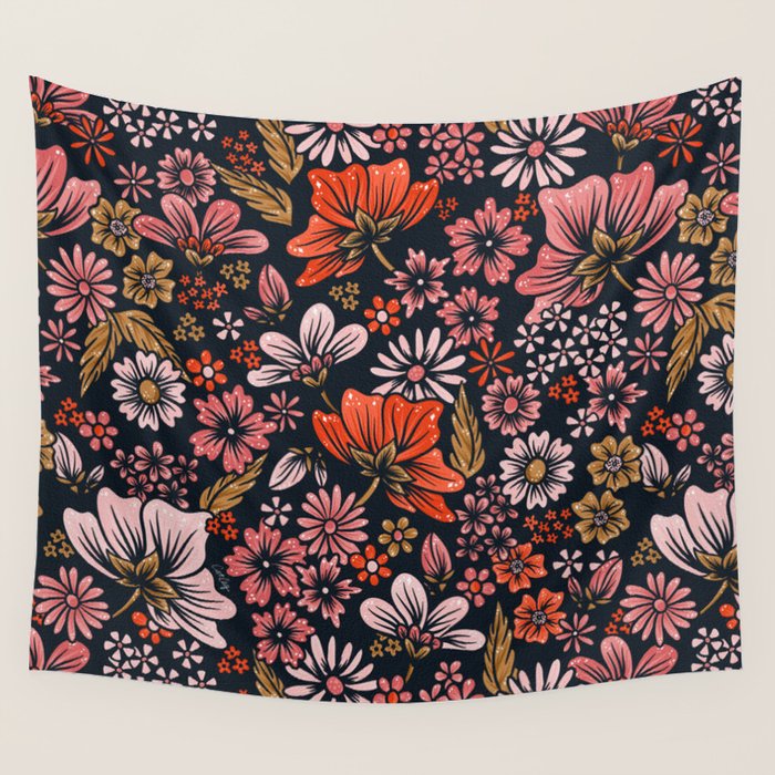 Retro Flower Power - Denim & Pink Wall Tapestry Gallery Image 4